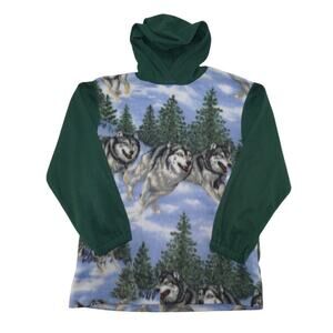 Vintage Wolf Print Green Fleece Hoodie Pullover Size 18 Youth / Small Adult
